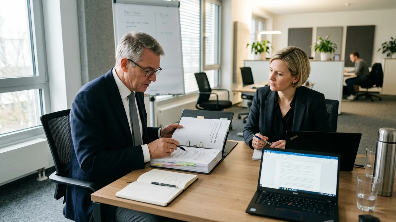 Geschäftsführer und externe Beraterin prüfen gemeinsam einen Ordner mit Compliance-Unterlagen im Besprechungsraum.