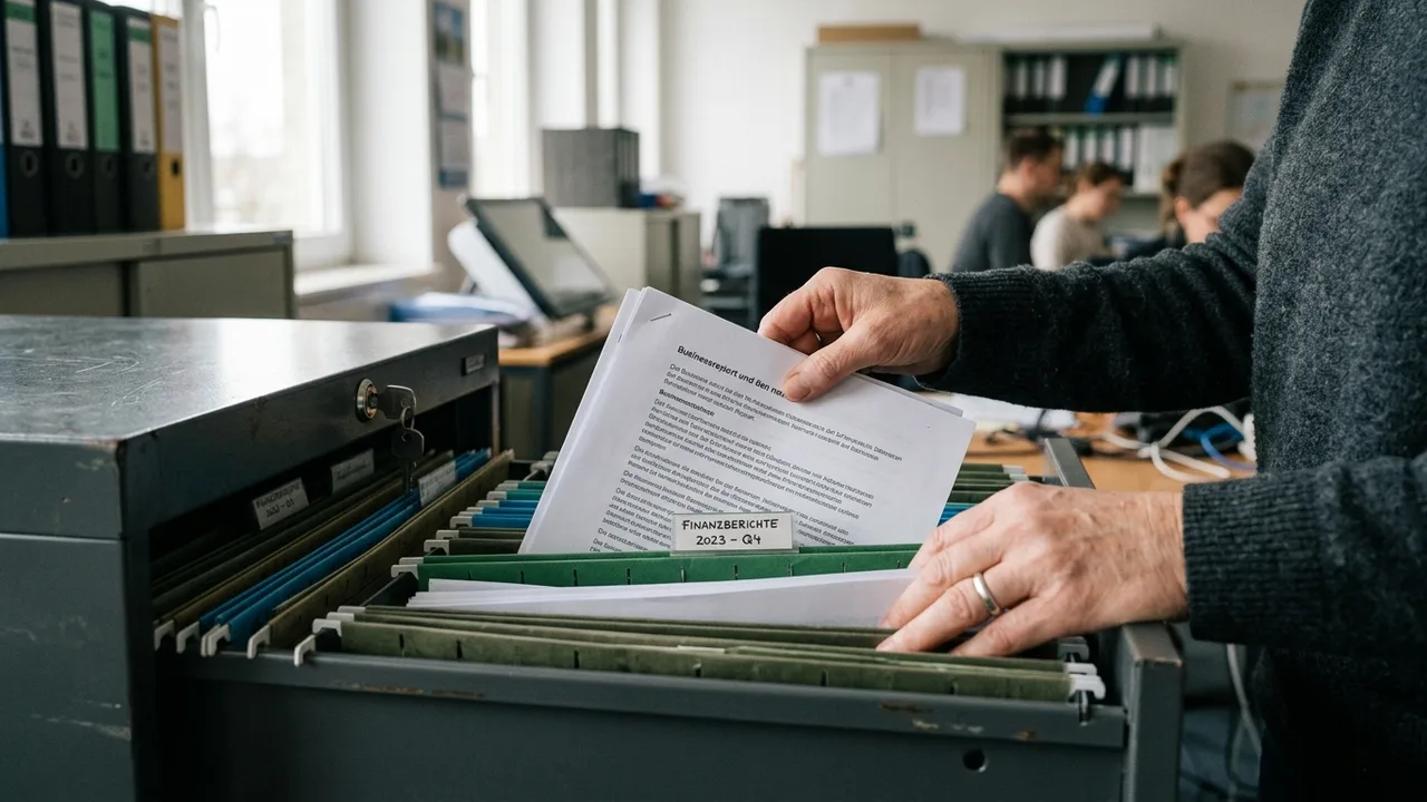 Eine Hand legt ein Dokument in eine abschließbare Aktenschublade mit Ordnerregistern in einem Büro.