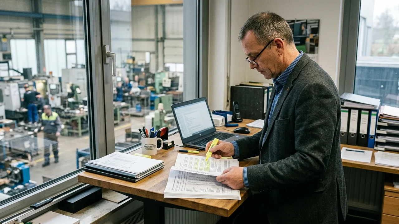 Unternehmer steht am Stehpult und prüft einen ausgedruckten Monatsbericht mit Textmarker.
