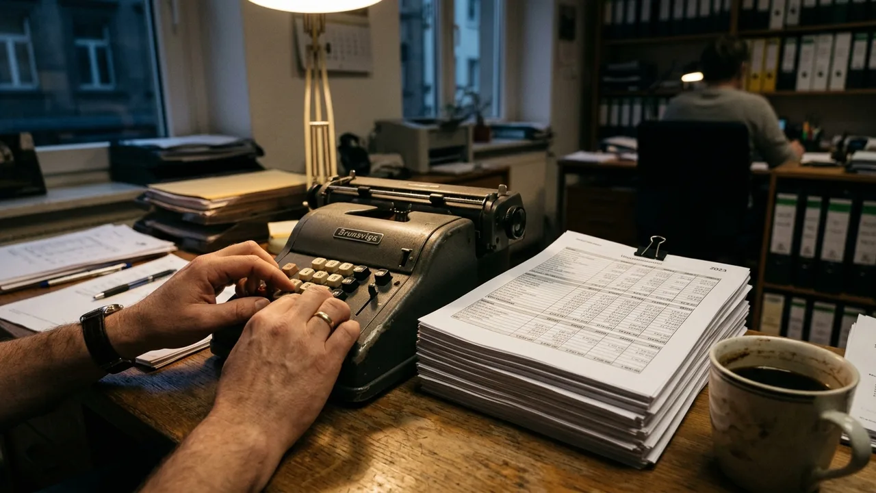 Hand bedient einen Tischrechner neben gestapelten Tabellenausdrucken und einer Kaffeetasse.