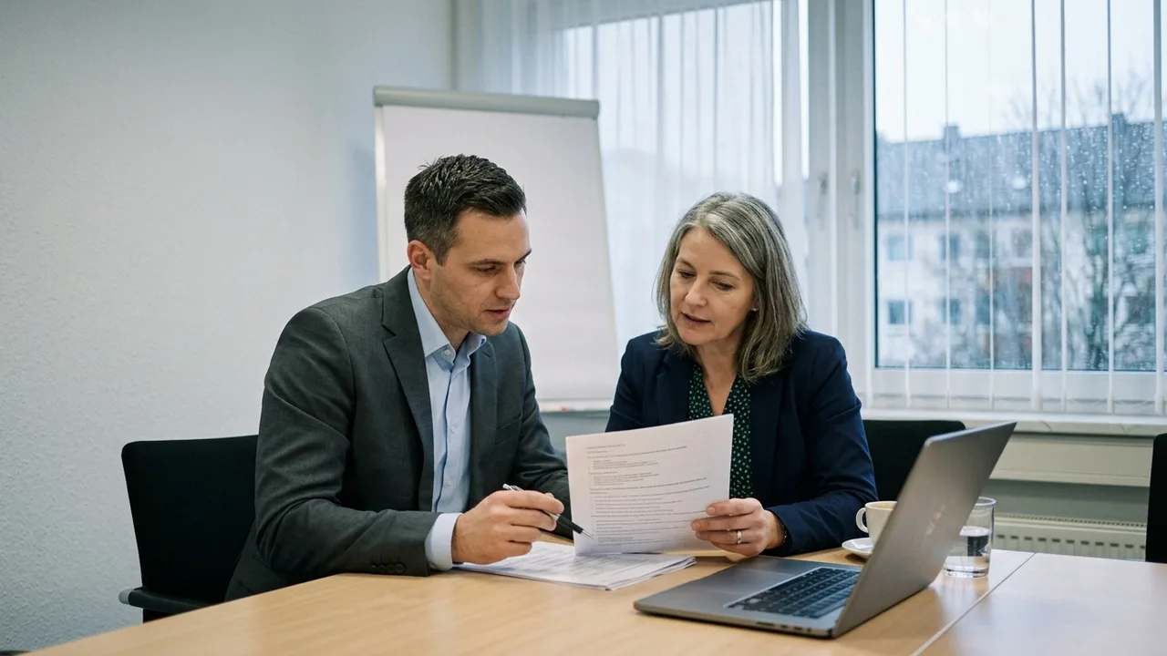 Ein Bankberater und ein Firmeninhaber besprechen einen Fragebogen zu Nachhaltigkeitsdaten.