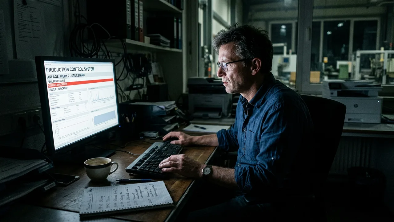 Ein IT-Verantwortlicher sitzt nachts allein vor einem Bildschirm in einem kleinen Firmenbüro.