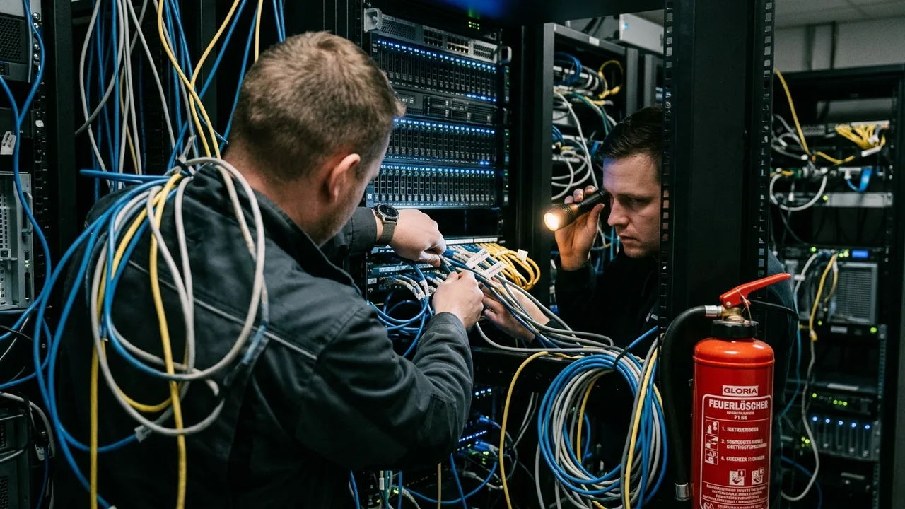 Zwei Mitarbeitende ziehen in einem engen Serverraum Netzwerkkabel aus einem Rack.