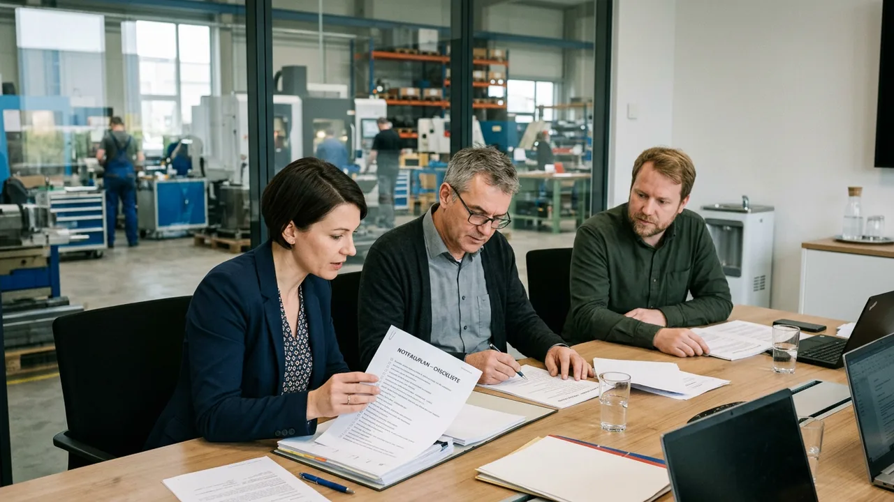 Team eines mittelständischen Betriebs bespricht anhand einer Checkliste den organisatorischen Notfallplan für IT-Sicherheitsvorfälle.