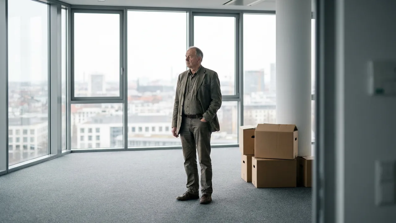 Ehemaliger Firmeninhaber steht nachdenklich in einem leeren Büro neben Umzugskartons.