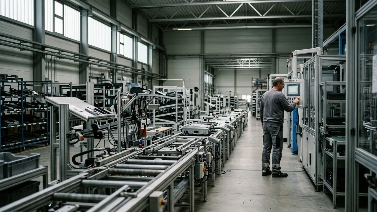 Blick in eine Fabrikhalle mit einer Fertigungslinie, im Hintergrund kontrolliert ein Arbeiter eine Maschine.