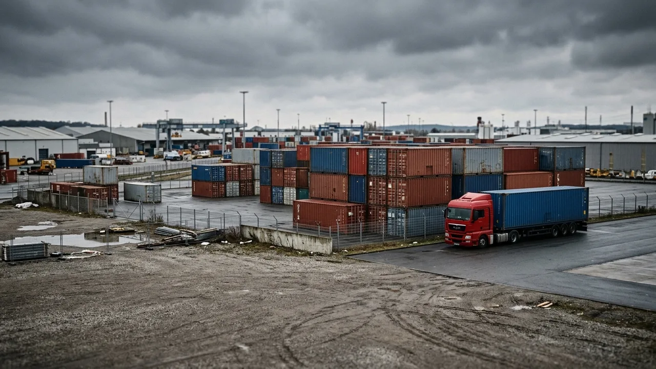 Ein Logistikhof mit gestapelten Containern und einem Lastwagen unter bewölktem Himmel.
