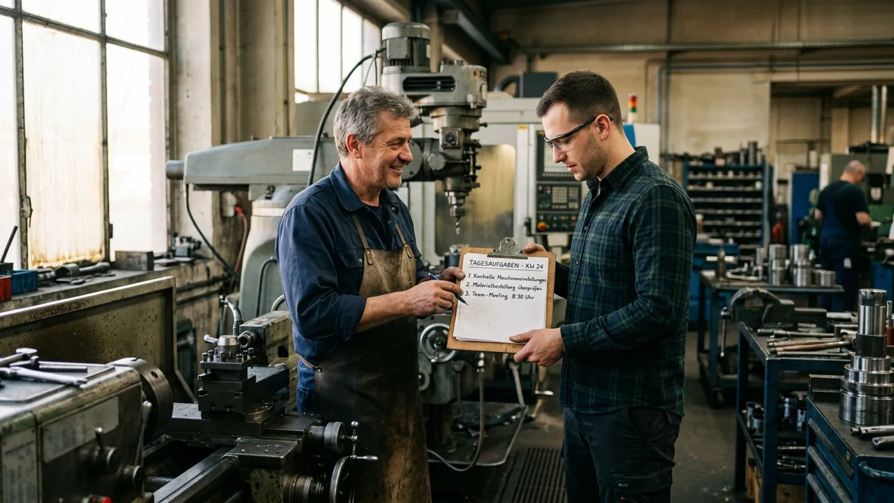 Firmenchef übergibt einer jüngeren Führungskraft in der Werkshalle eine Aufgabenliste.