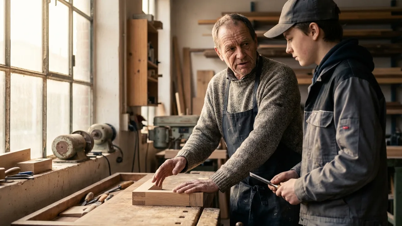 Älterer Handwerksmeister erklärt jungem Auszubildenden die Arbeit an der Werkbank