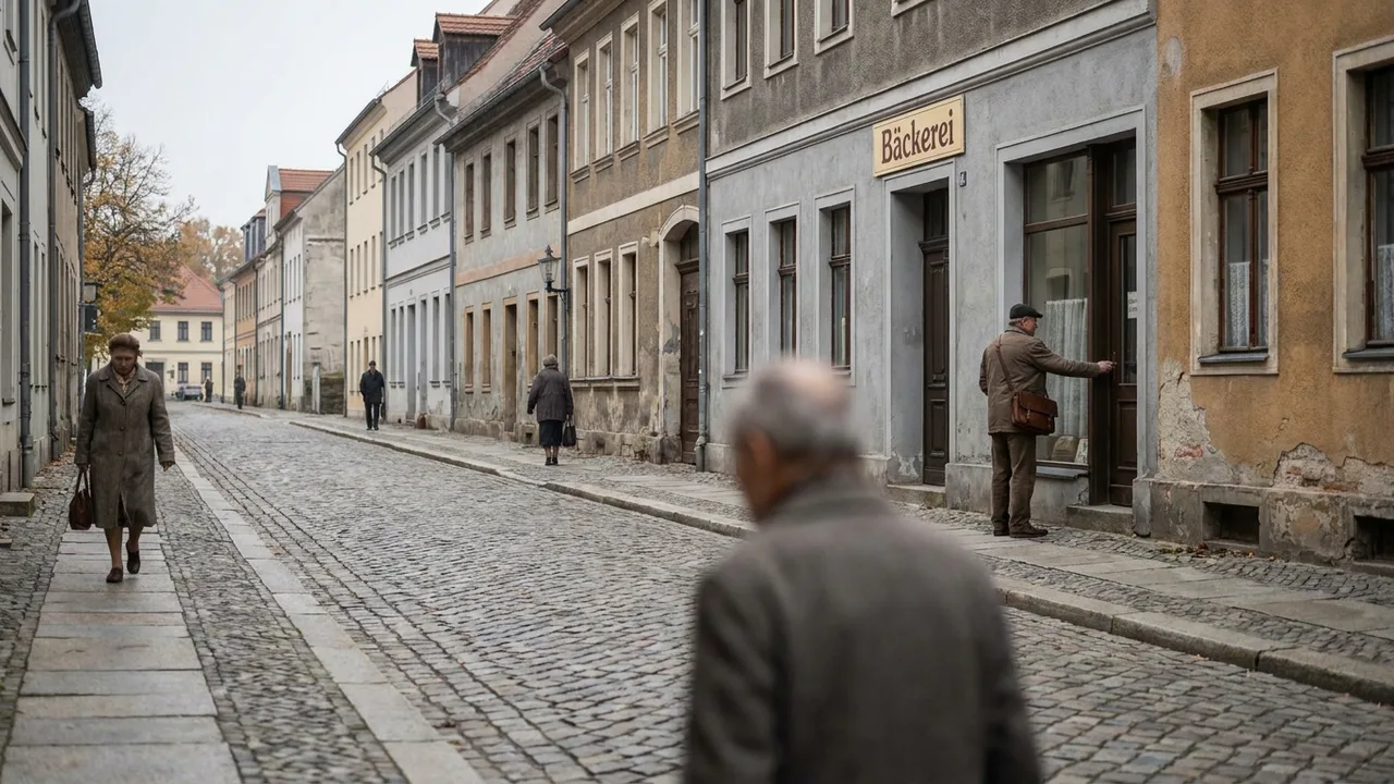 Ruhige Hauptstraße einer ostdeutschen Kleinstadt mit historischen Gebäuden