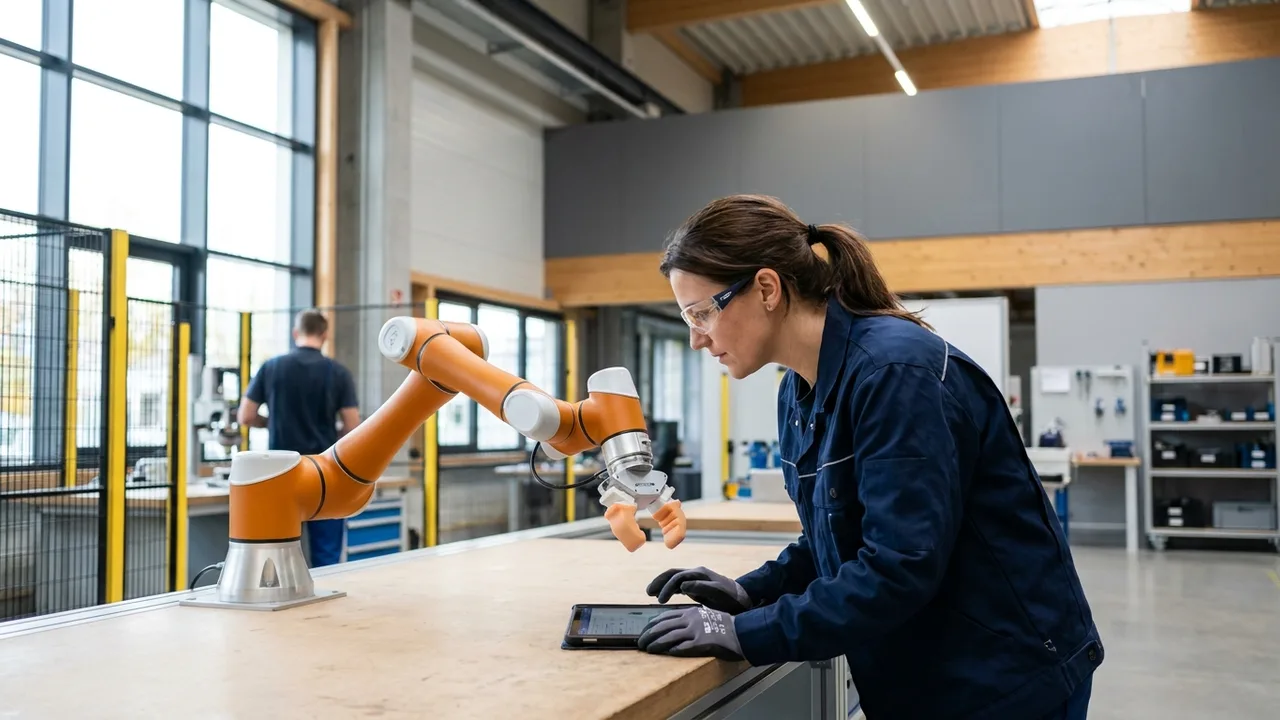 Technikerin arbeitet neben einem kollaborativen Roboterarm in einer Fabrik