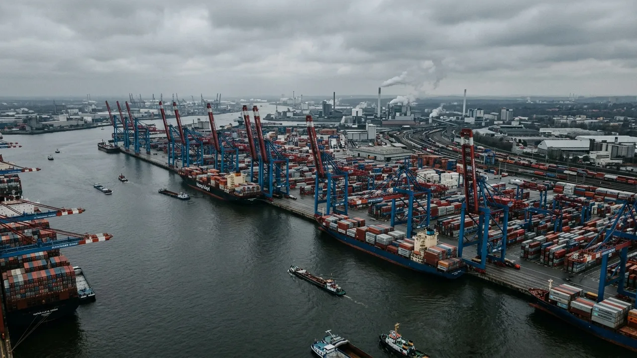 Containerhafen mit mehreren Kränen und Frachtschiffen unter bewölktem Himmel.