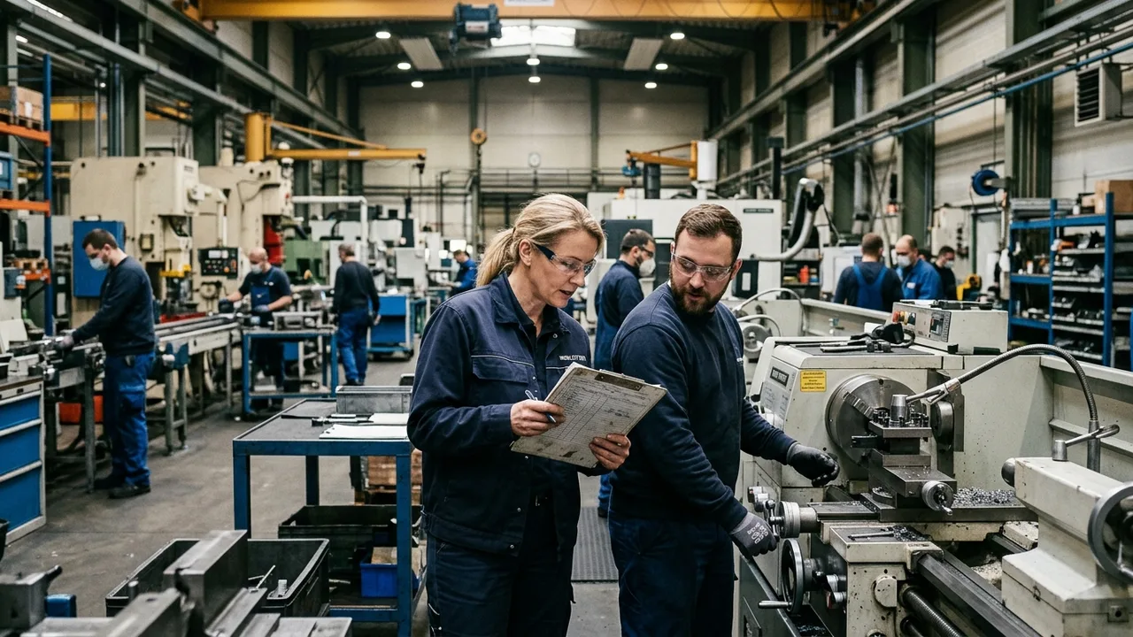 Arbeiter an Maschinen in einer Fabrikhalle, im Vordergrund ein Vorarbeiter mit Klemmbrett.