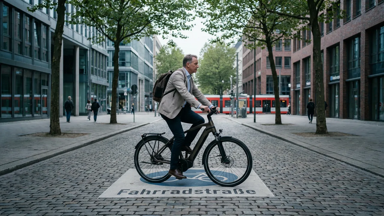 Ein Pendler fährt mit einem modernen E-Bike auf einem Radweg durch die Stadt.