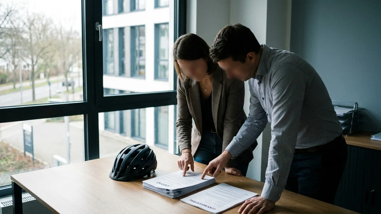 Mitarbeiterin und Personaler besprechen einen Leasingvertrag, daneben liegt ein Fahrradhelm.