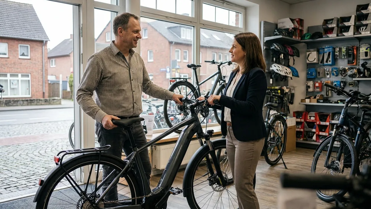 Ein Fahrradhändler übergibt einem Kunden ein neues E-Bike im Fachgeschäft.