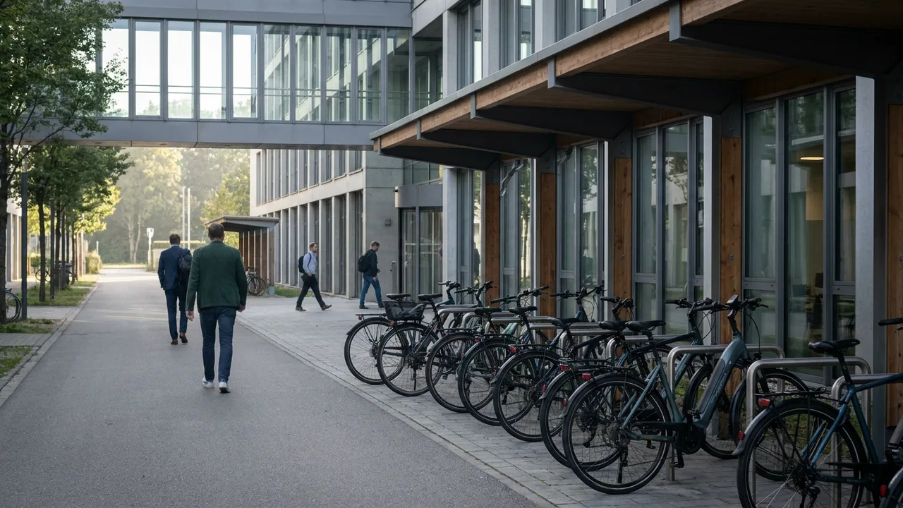 Fahrräder und E-Bikes von Beschäftigten stehen an überdachten Stellplätzen vor einem Firmengebäude.