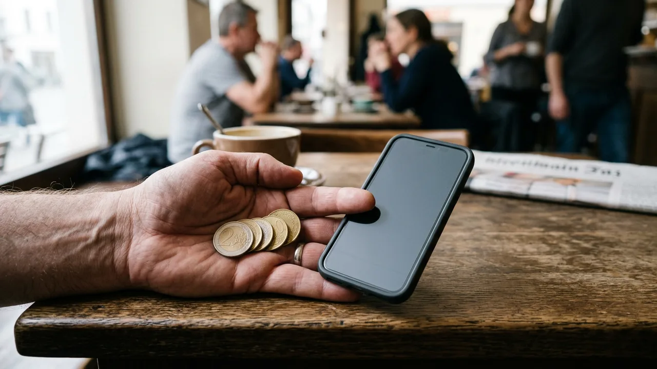 Eine Hand hält Euromünzen neben einem Smartphone auf einem Holztisch.