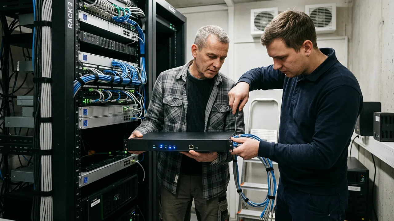 Ein Unternehmer und ein IT-Techniker installieren ein neues Gerät in einem Serverschrank.