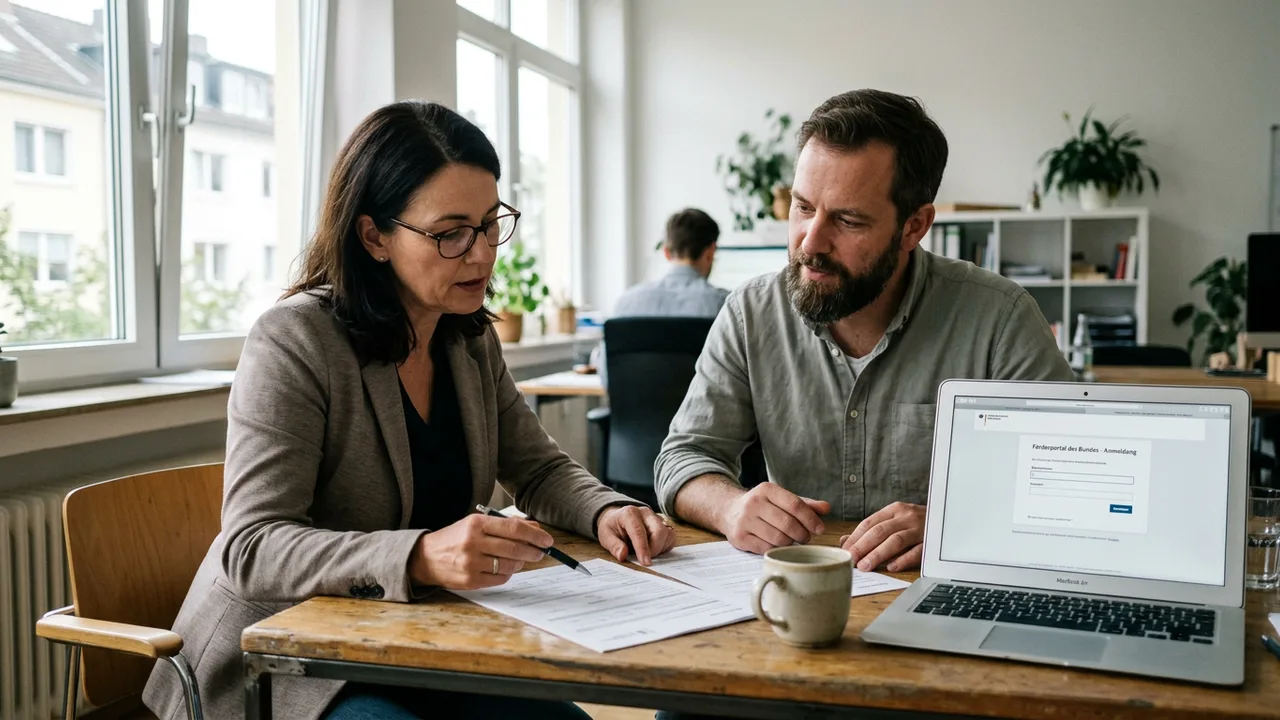 Ein Berater und eine Unternehmerin besprechen einen Förderantrag am Tisch.