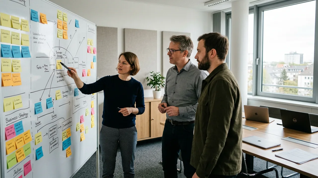 Ein kleines Team steht vor einem Whiteboard mit Klebezetteln und skizzierten Arbeitsabläufen.