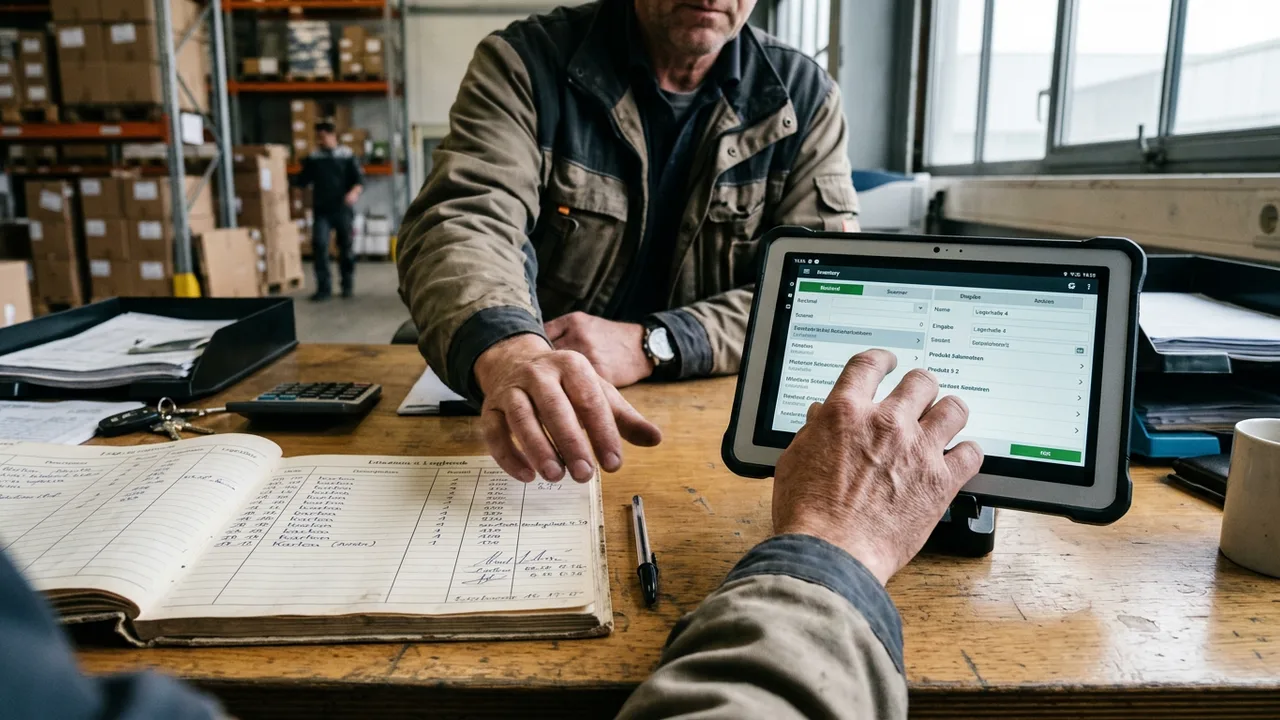 Auf einem Schreibtisch im Lager liegt ein Papier-Logbuch neben einem Tablet mit Lagersoftware.