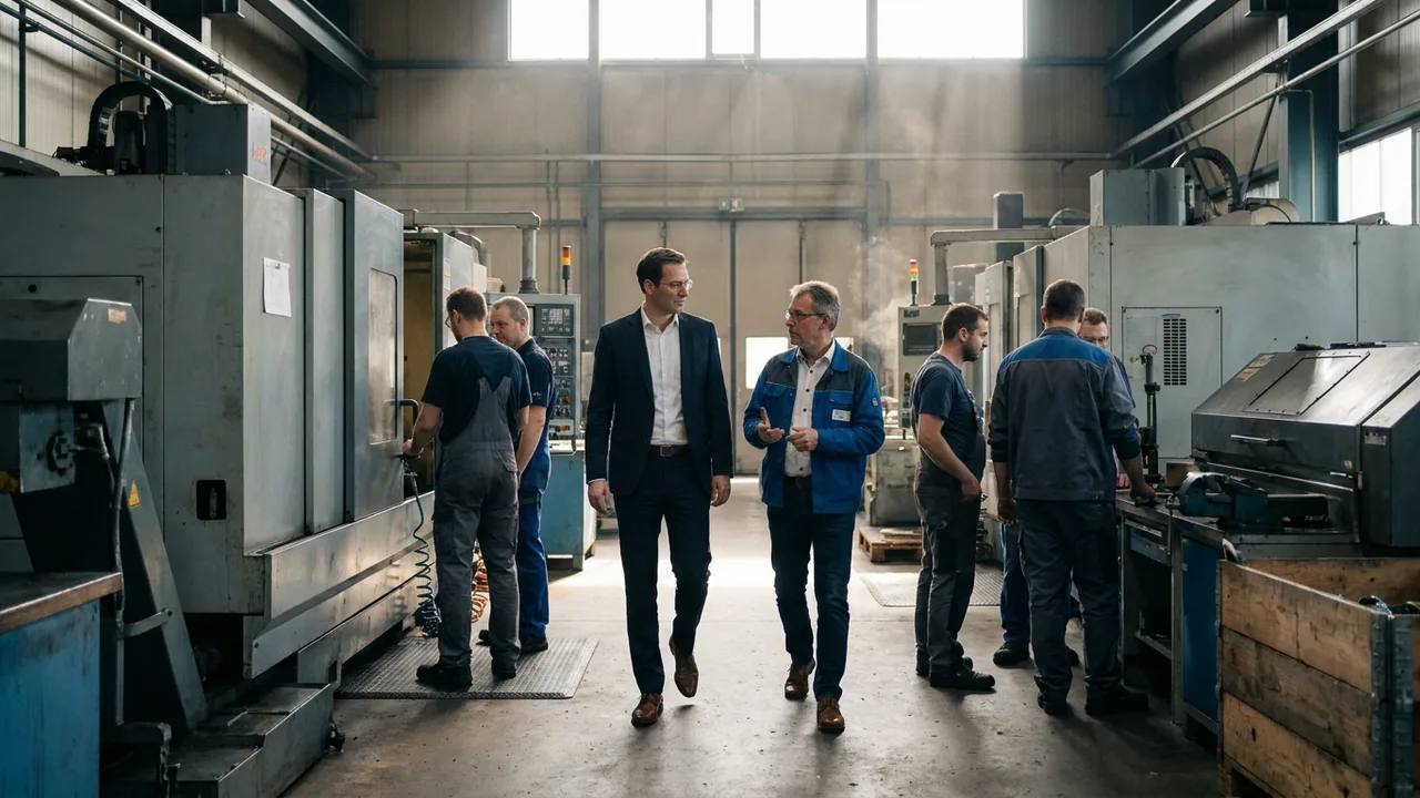 Investor besichtigt die Produktionshalle eines Krisenunternehmens