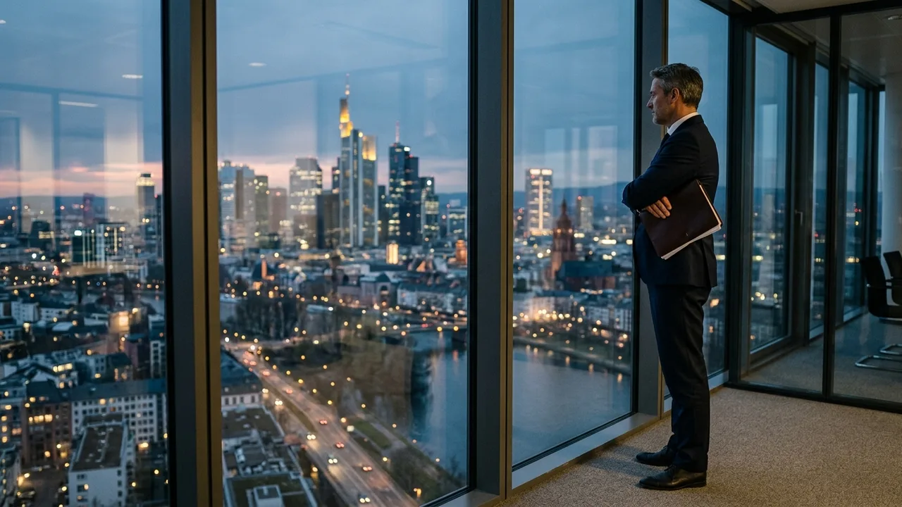 Ein Geschäftsführer steht nachdenklich am Fenster eines Bürohochhauses mit Blick auf die Stadt.