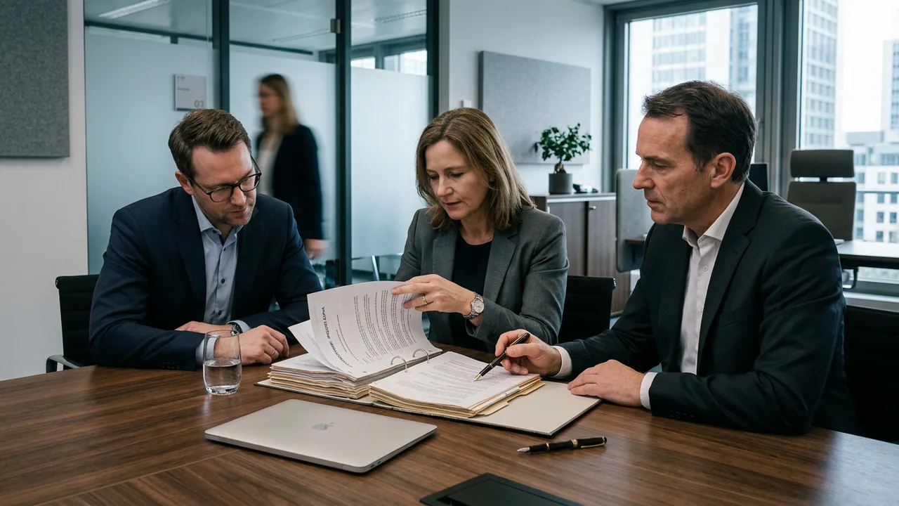 Drei Personen in Anzügen sitzen an einem Konferenztisch und prüfen gemeinsam einen Vertragsordner.