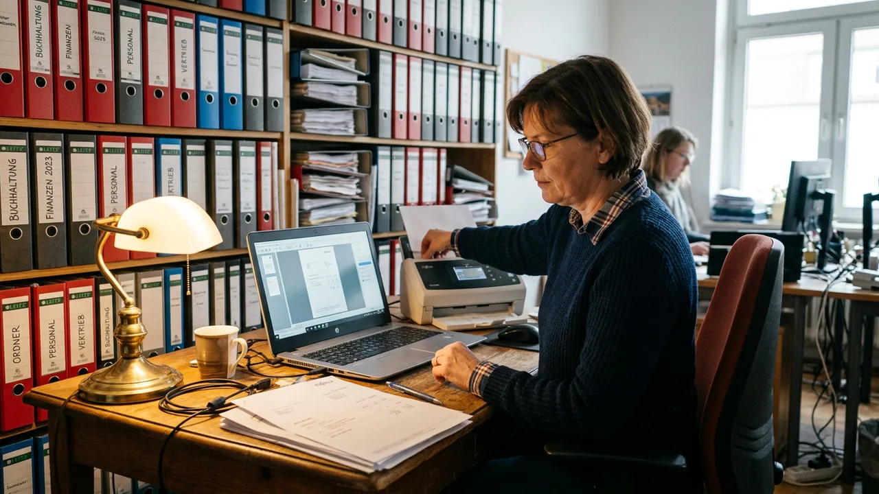 Eine Person scannt eine Papierrechnung am Schreibtisch mit Aktenordnern im Hintergrund ein.