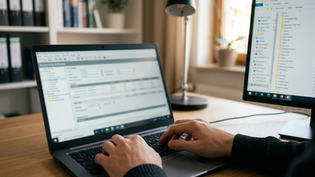 Hände tippen auf einer Laptop-Tastatur, im Hintergrund ist unscharf eine Buchhaltungssoftware zu erkennen.