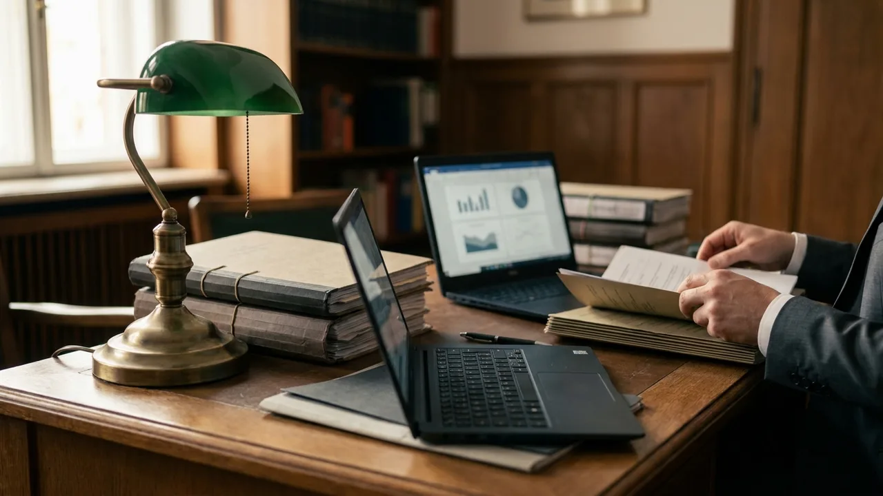 Schreibtisch eines Notariats mit Aktenmappen und Laptop