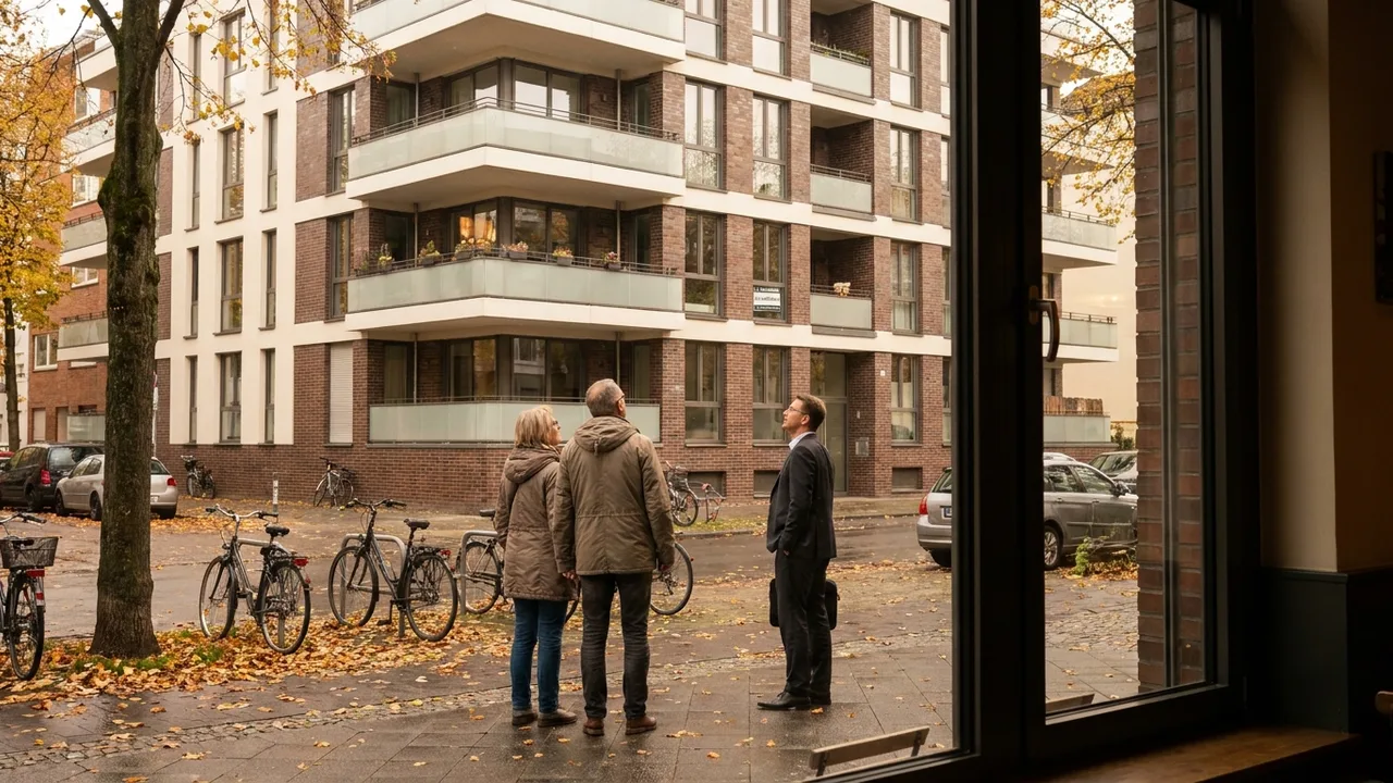 Berater und Eigentümer vor einem Mehrfamilienhaus