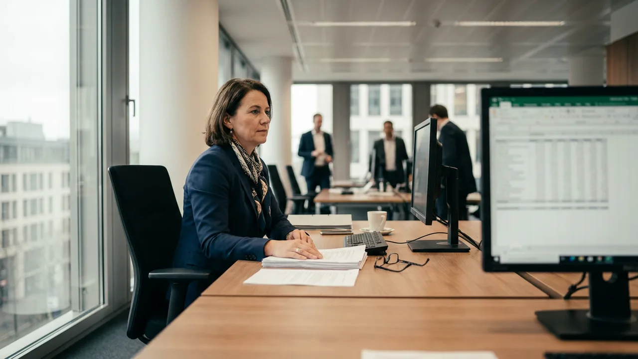 Unternehmerin prüft Gesellschaftsunterlagen am Schreibtisch