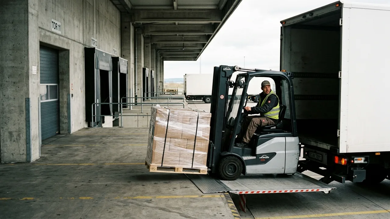 Ein Gabelstaplerfahrer verlädt eine mit Folie umwickelte Warenpalette an einer Laderampe zurück auf einen Lkw.