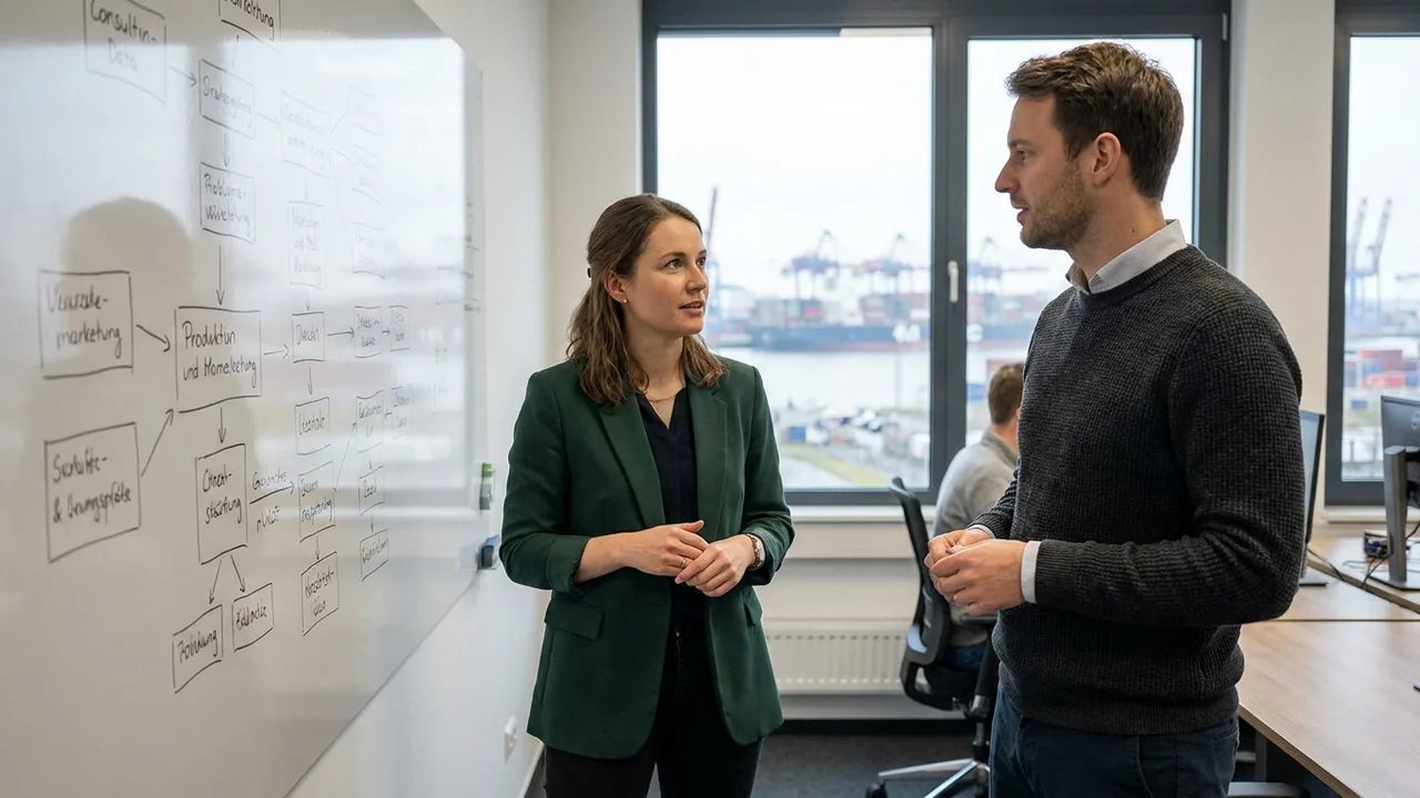 Zwei Berater diskutieren an einem Whiteboard eine Unternehmensstrategie in einem hellen Büro