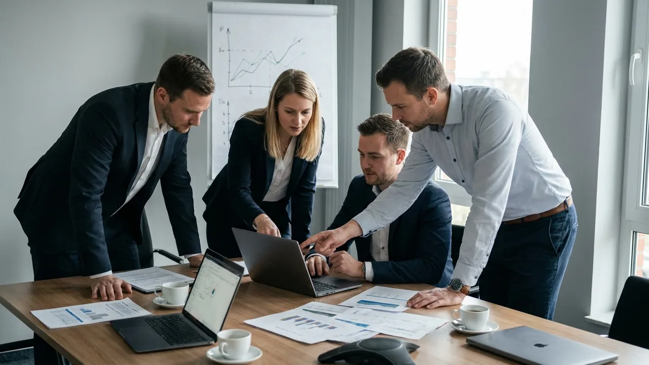 Kleines Beraterteam prüft Unterlagen und Zahlen an einem Konferenztisch