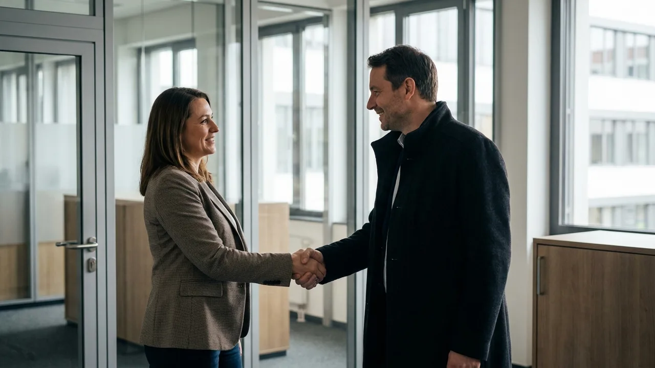 Managerin und Berater geben sich in einer modernen Bürolobby die Hand