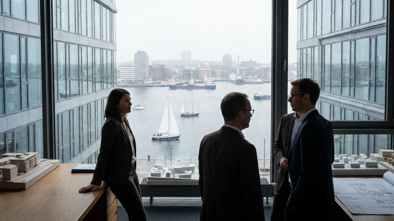 Blick über die Kieler Förde mit Bürogebäuden und Segelbooten am Morgen