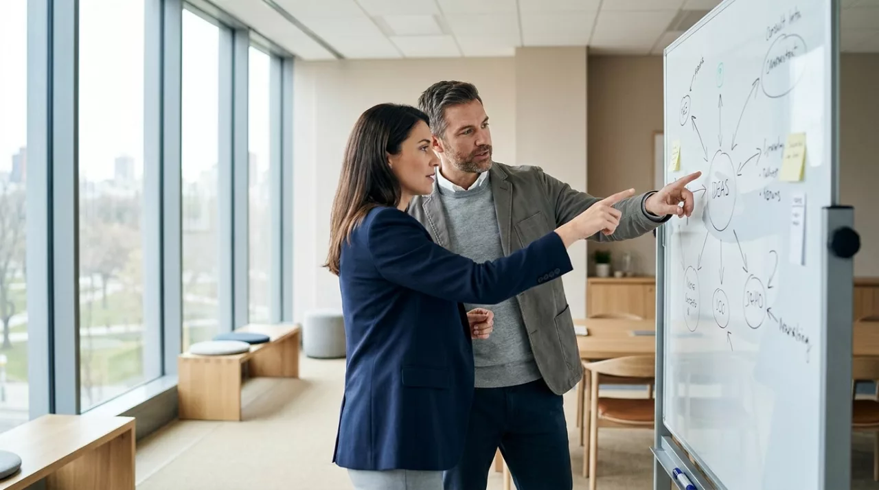 Zwei Unternehmensberater besprechen an einem Whiteboard die Strategie eines Unternehmens.