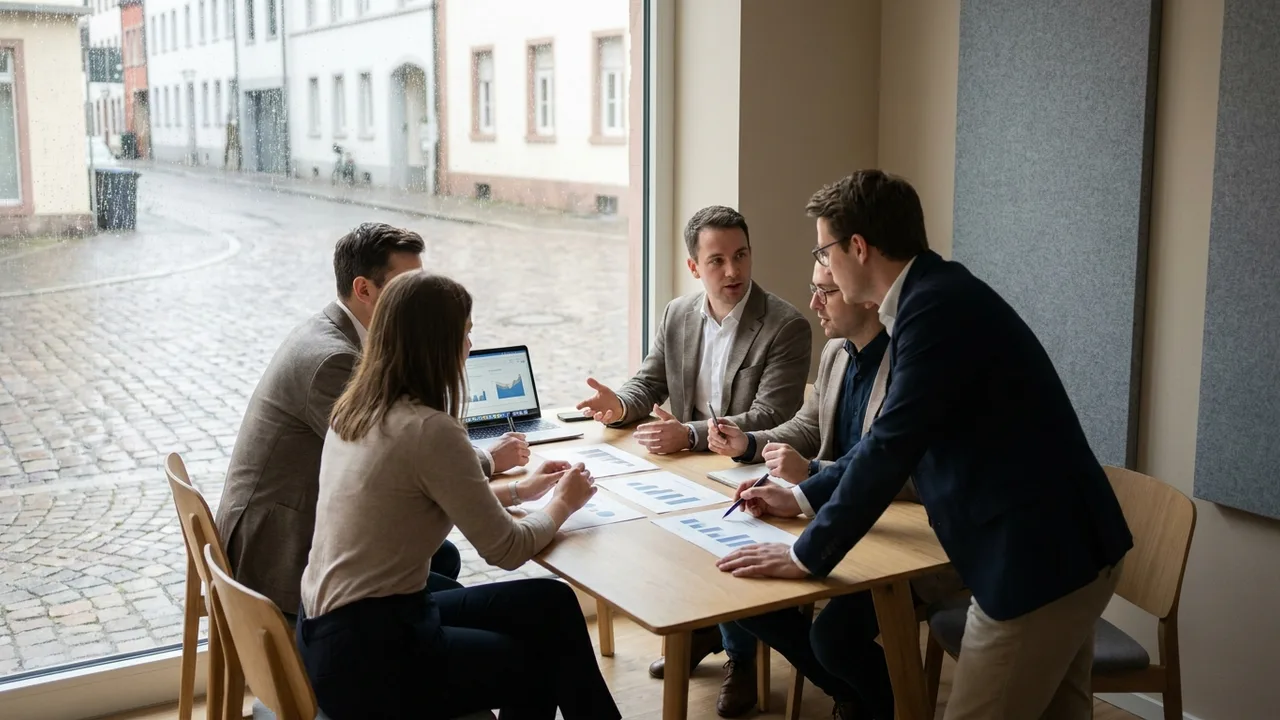 Team bespricht Einkaufszahlen und Auswertungen im Besprechungsraum