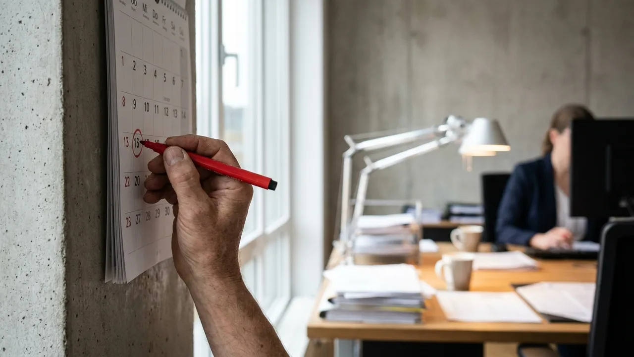 Eine Hand markiert mit rotem Stift ein Datum auf einem Wandkalender.