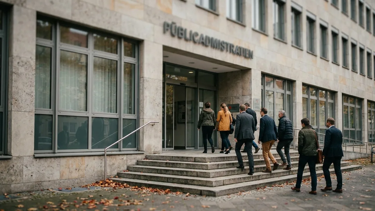 Eingang eines deutschen Verwaltungsgebäudes mit Steinfassade.