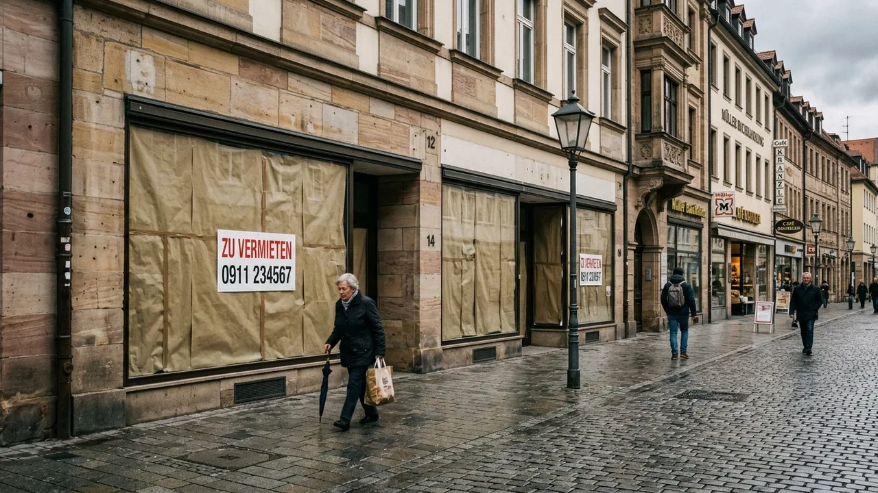 Eine Einkaufsstraße in einer Innenstadt mit vereinzelten leerstehenden Ladenlokalen und wenigen Passanten.