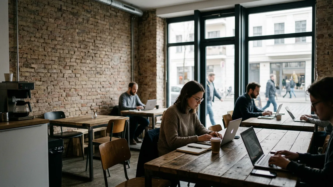 Ein ehemaliges Ladenlokal wurde zu einem Coworking-Bereich mit Tischen und Sitzgelegenheiten umgebaut.