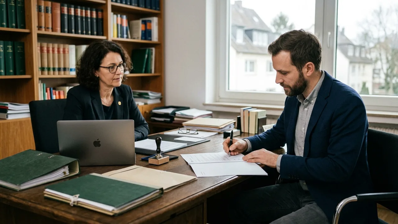 Notar und Unternehmer unterzeichnen Gründungsunterlagen an einem Schreibtisch im Büro.