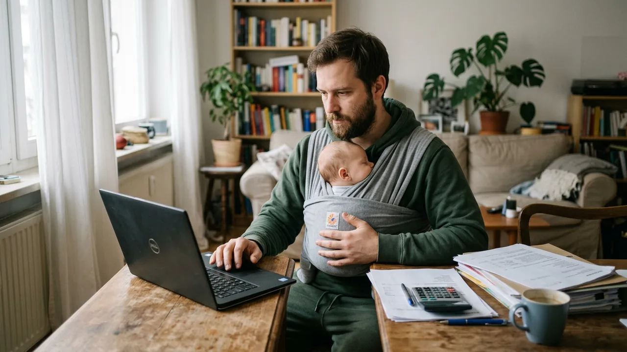 Ein Vater mit Baby in der Trage sitzt am Laptop und blickt auf Unterlagen am Wohnzimmertisch.