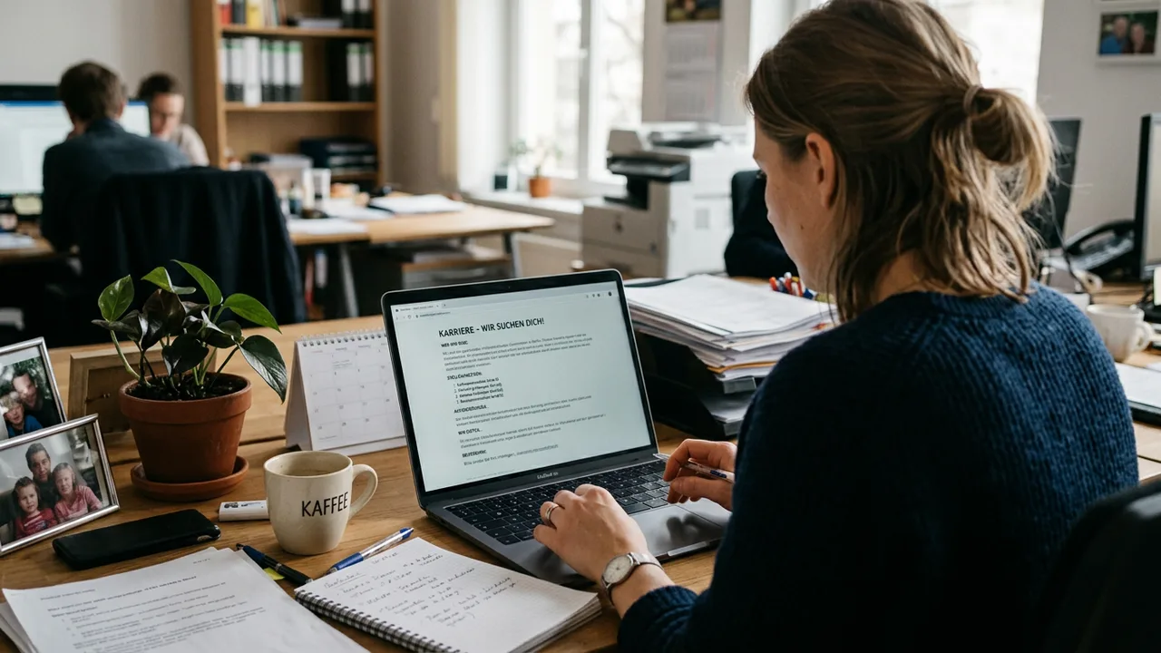Person bearbeitet am Laptop die Karriereseite eines kleinen Unternehmens im Büro.