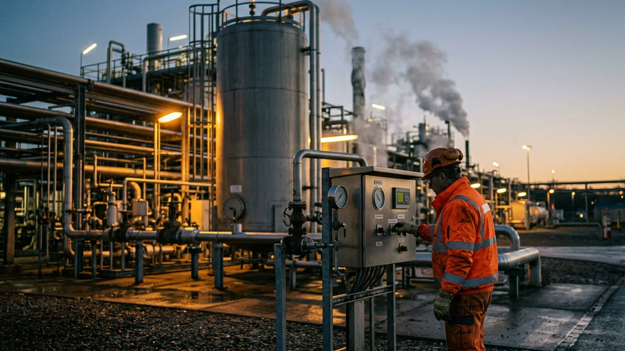 Ein Arbeiter in Warnweste kontrolliert bei Dämmerung eine Anzeige an einer Chemieanlage, im Hintergrund Rohrleitungen und Dampf.