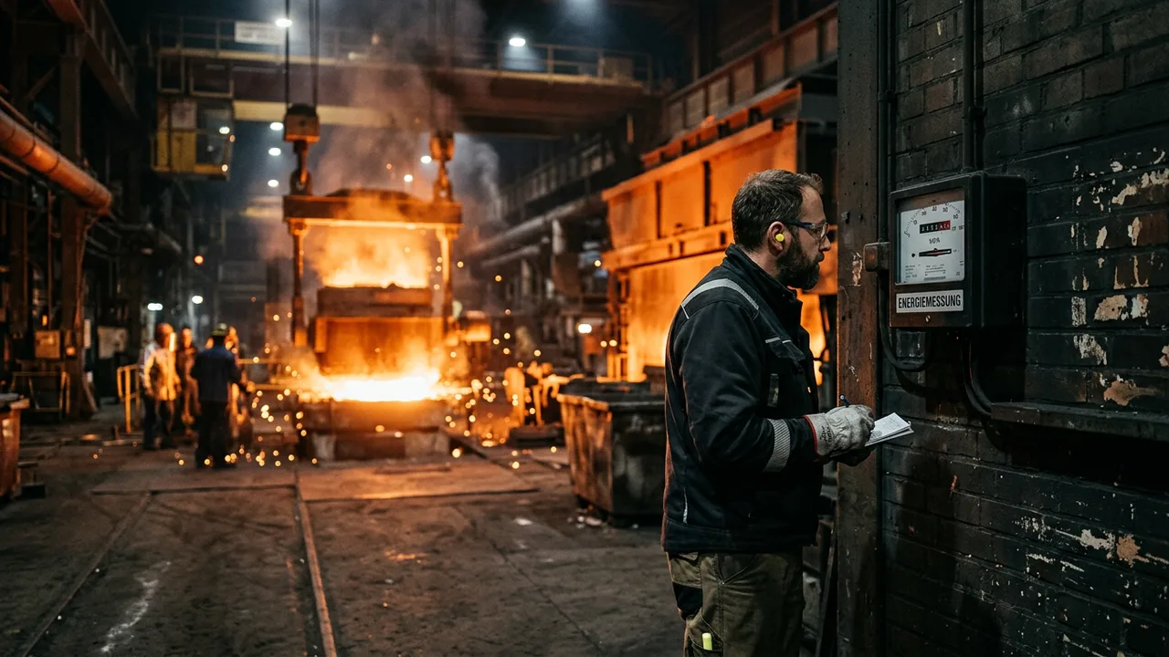 In einer Metallwerkstatt überwacht ein Techniker einen Stromzähler neben einem glühenden Industrieofen.